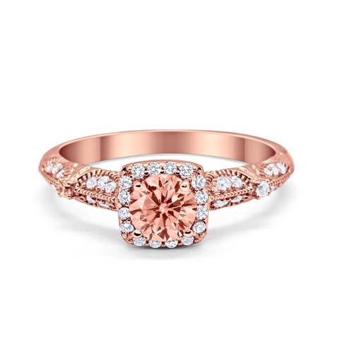 Halo Engagement Bridal Ring  Rose Tone, Simulated Morganite CZ