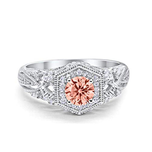 Fancy Art Deco Round Simulated Morganite CZ Wedding Ring