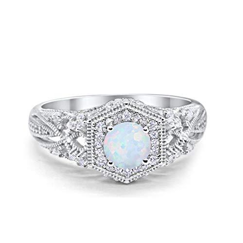 Fancy Art Deco Round Lab Created White Opal Wedding Ring