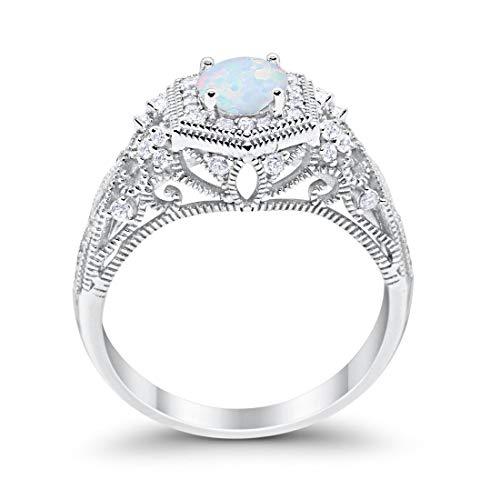 Fancy Art Deco Round Lab Created White Opal Wedding Ring