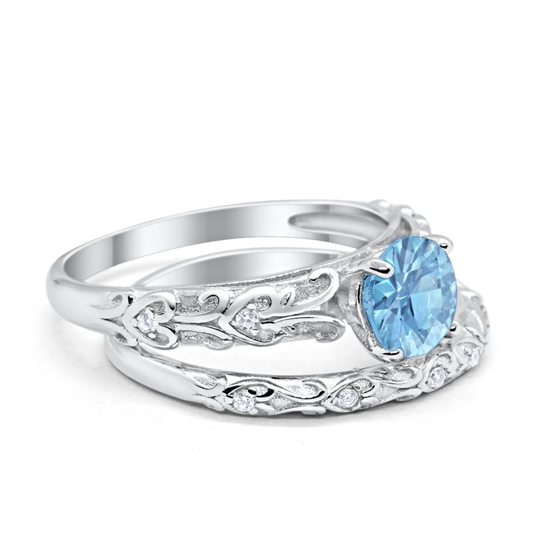 Art Deco Two Piece Simulated Aquamarine CZ Wedding Ring