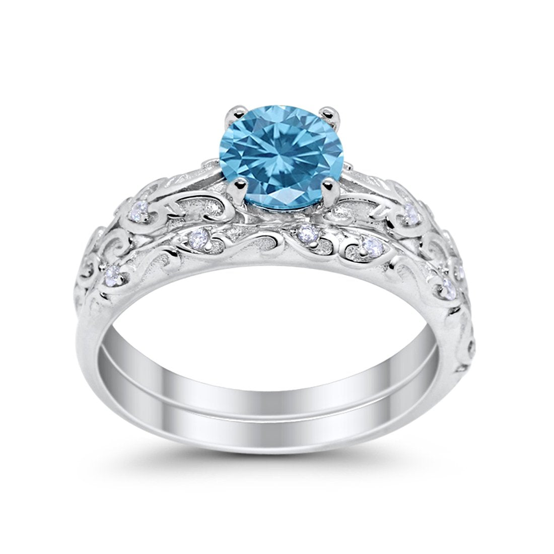 Art Deco Two Piece Simulated Aquamarine CZ Wedding Ring