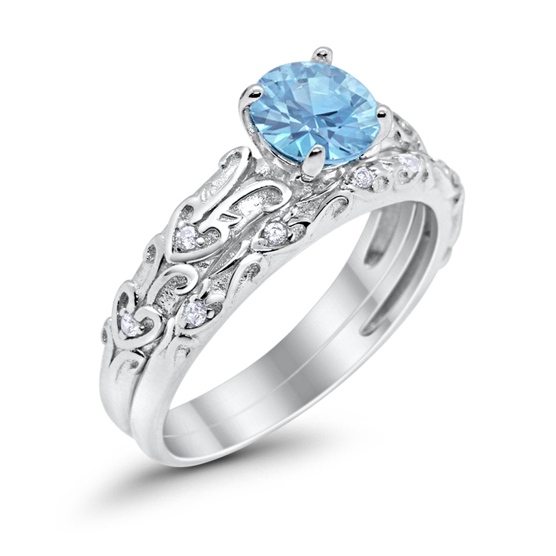 Art Deco Two Piece Simulated Aquamarine CZ Wedding Ring