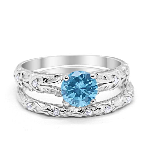 Art Deco Two Piece Simulated Aquamarine CZ Wedding Ring