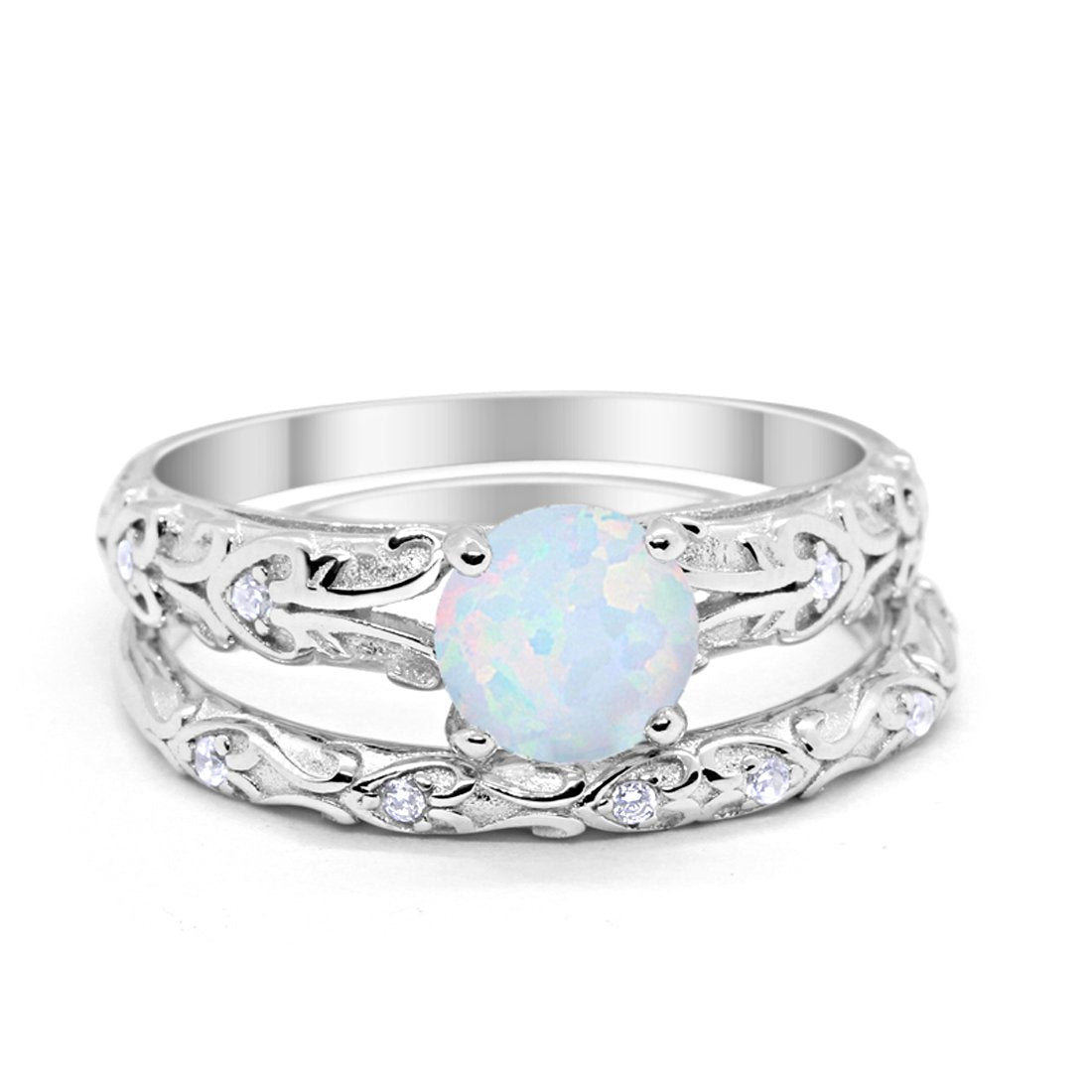 Art Deco Two Piece Round Lab Created White Opal Engagement Ring