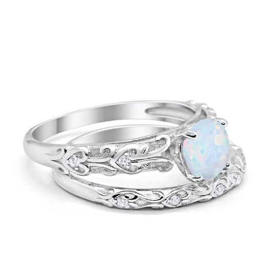 Art Deco Two Piece Round Lab Created White Opal Engagement Ring