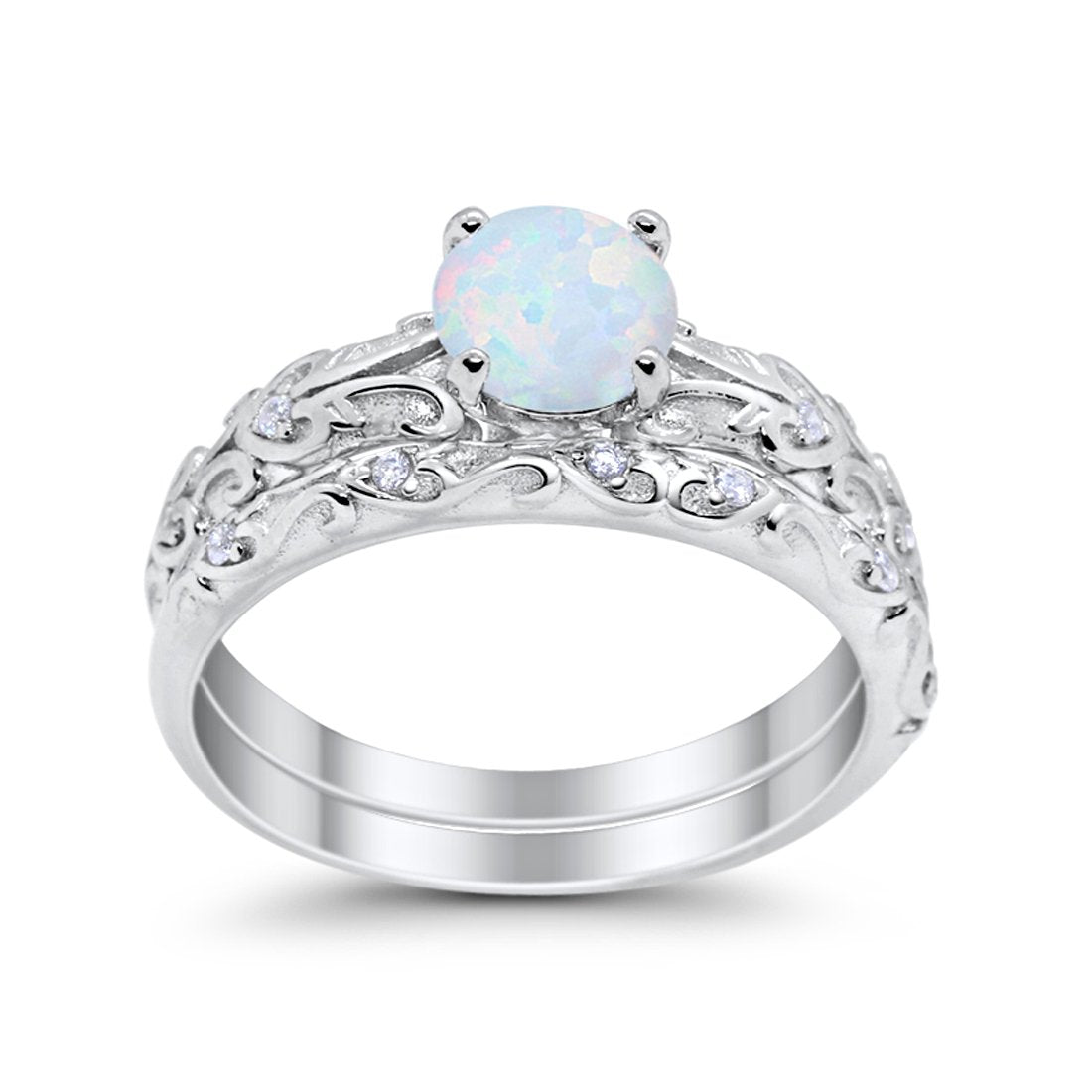 Art Deco Two Piece Round Lab Created White Opal Engagement Ring