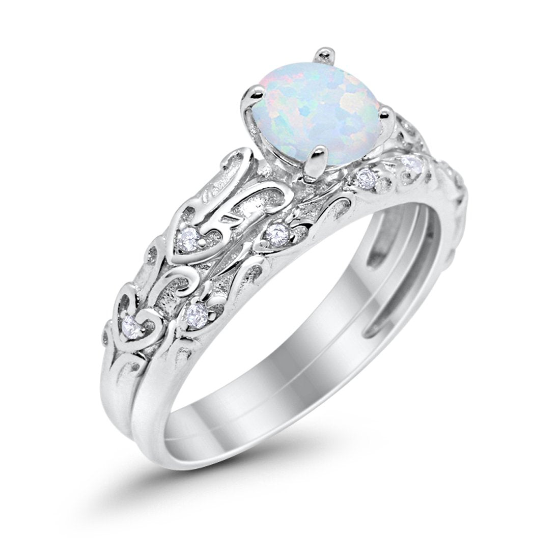 Art Deco Two Piece Round Lab Created White Opal Engagement Ring