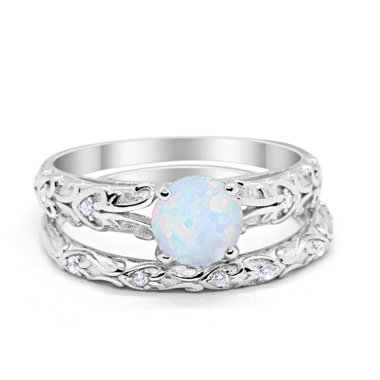 Art Deco Two Piece Round Lab Created White Opal Engagement Ring