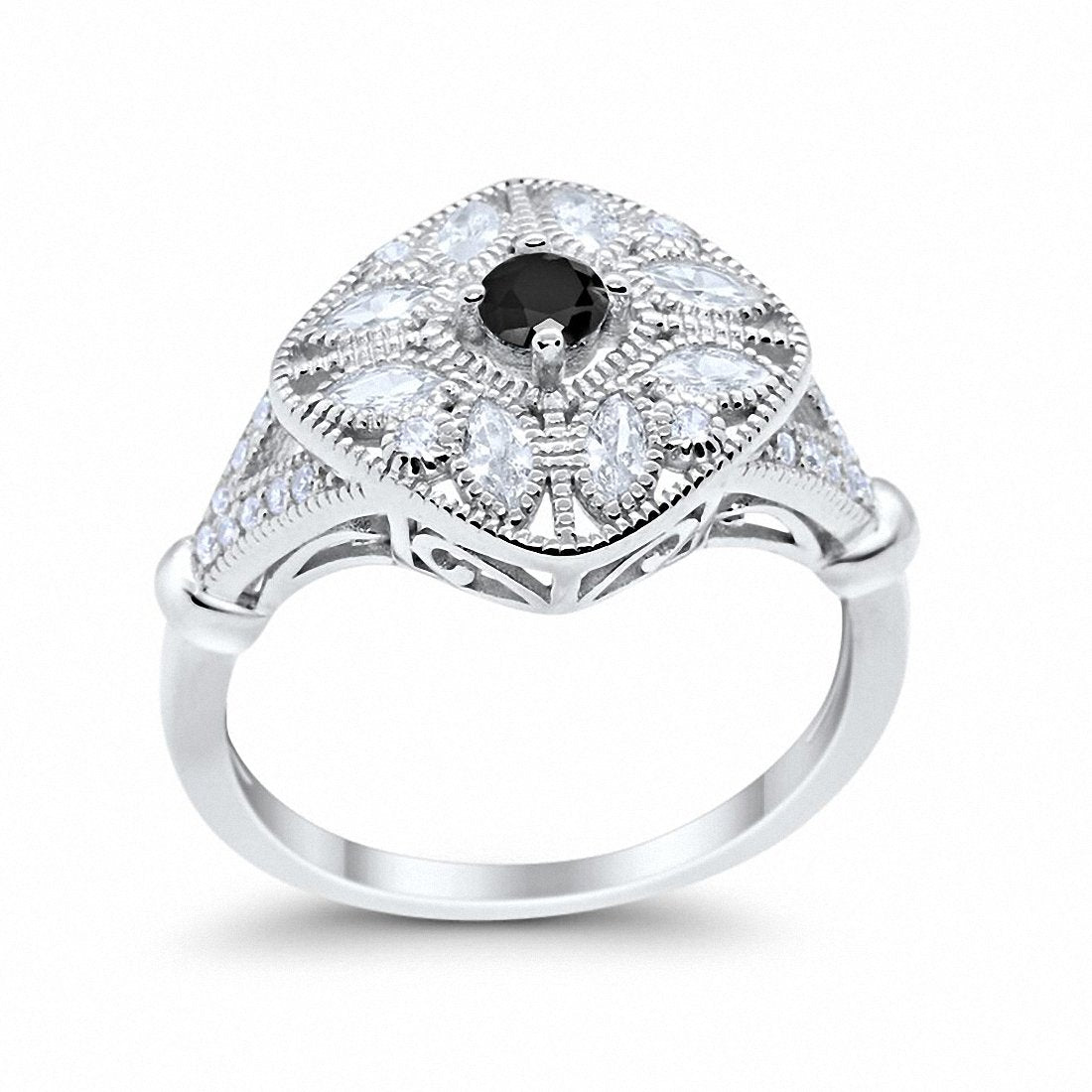 Art Deco Ring Marquise Filigree Simulated Black CZ