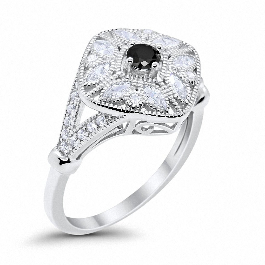 Art Deco Ring Marquise Filigree Simulated Black CZ