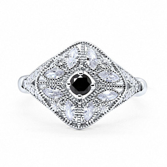 Art Deco Ring Marquise Filigree Simulated Black CZ