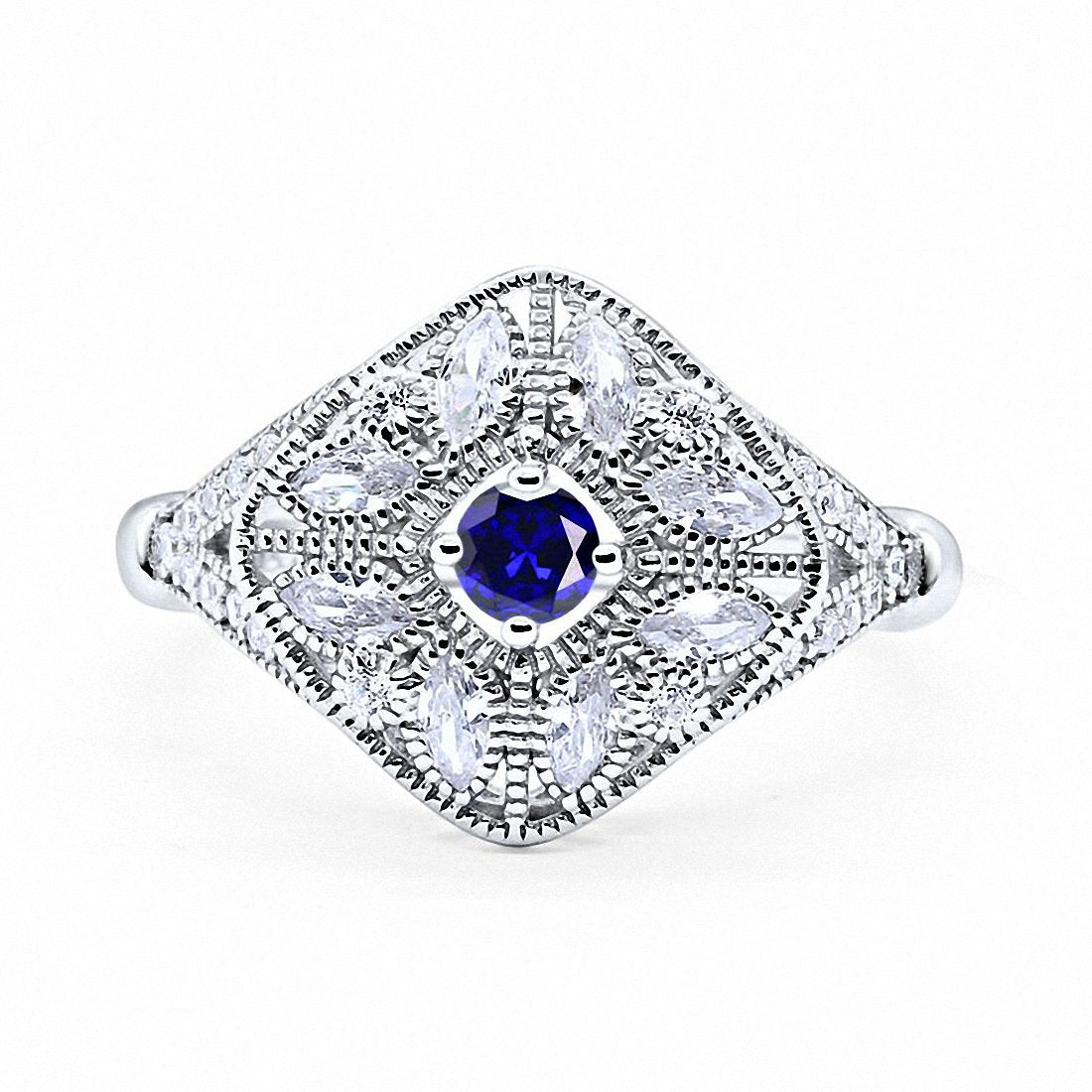 Art Deco Ring Marquise Filigree Simulated Blue Sapphire CZ