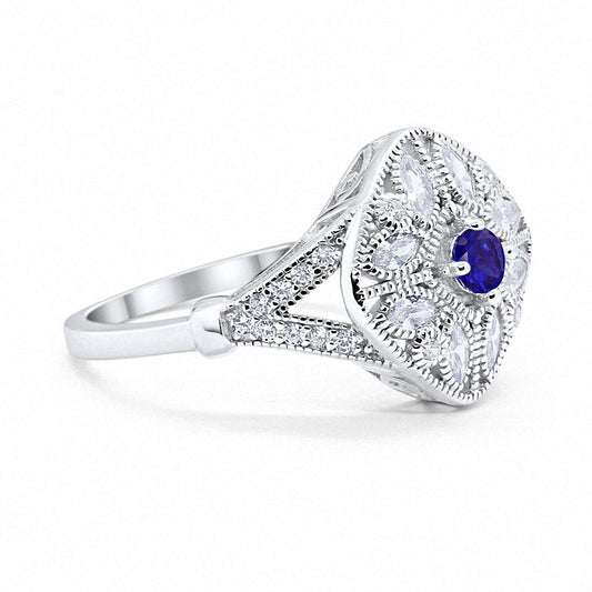 Art Deco Ring Marquise Filigree Simulated Blue Sapphire CZ