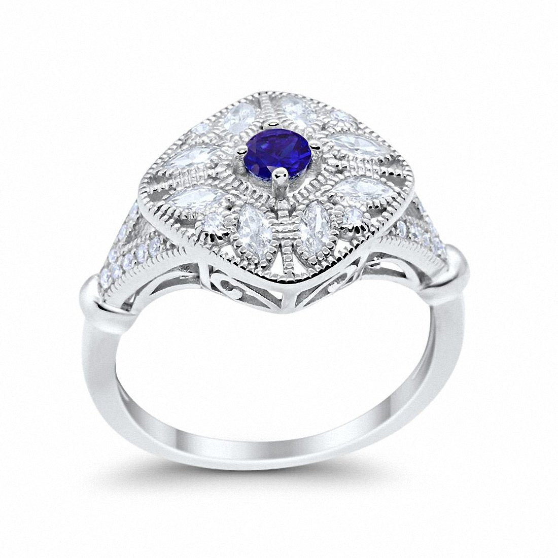 Art Deco Ring Marquise Filigree Simulated Blue Sapphire CZ