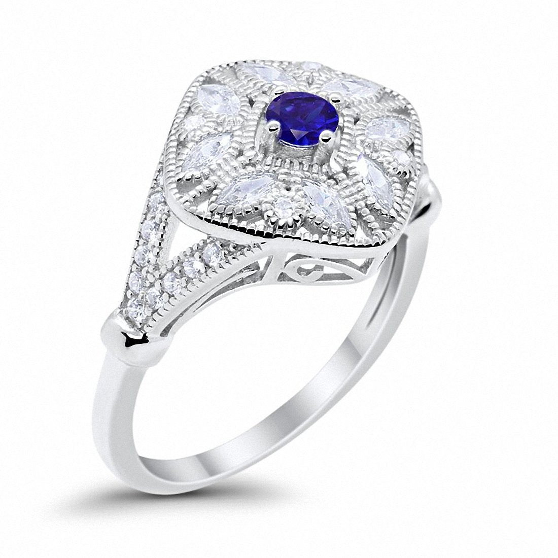 Art Deco Ring Marquise Filigree Simulated Blue Sapphire CZ