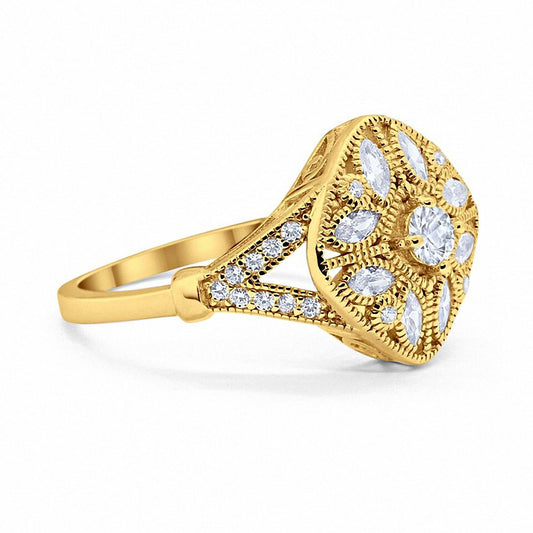 Art Deco Ring Marquise Filigree Yellow Tone, Simulated CZ