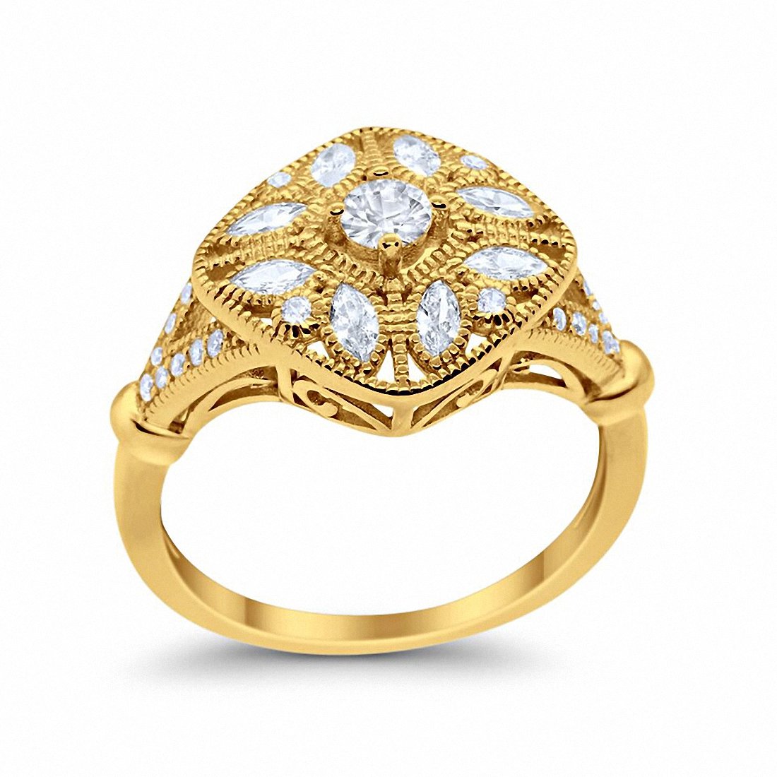 Art Deco Ring Marquise Filigree Yellow Tone, Simulated CZ