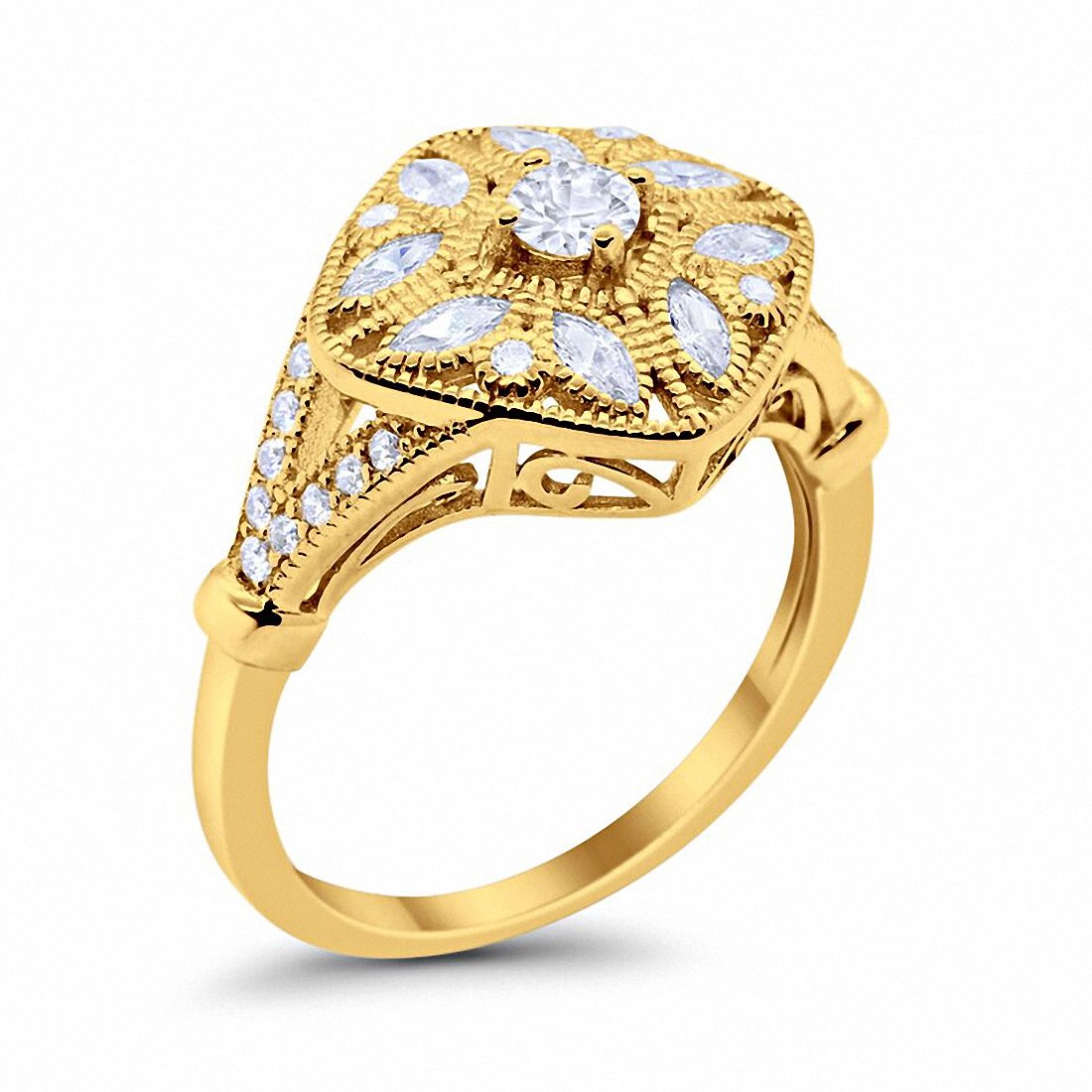 Art Deco Ring Marquise Filigree Yellow Tone, Simulated CZ