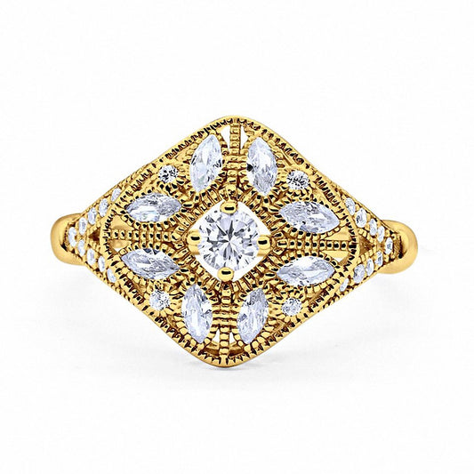 Art Deco Ring Marquise Filigree Yellow Tone, Simulated CZ