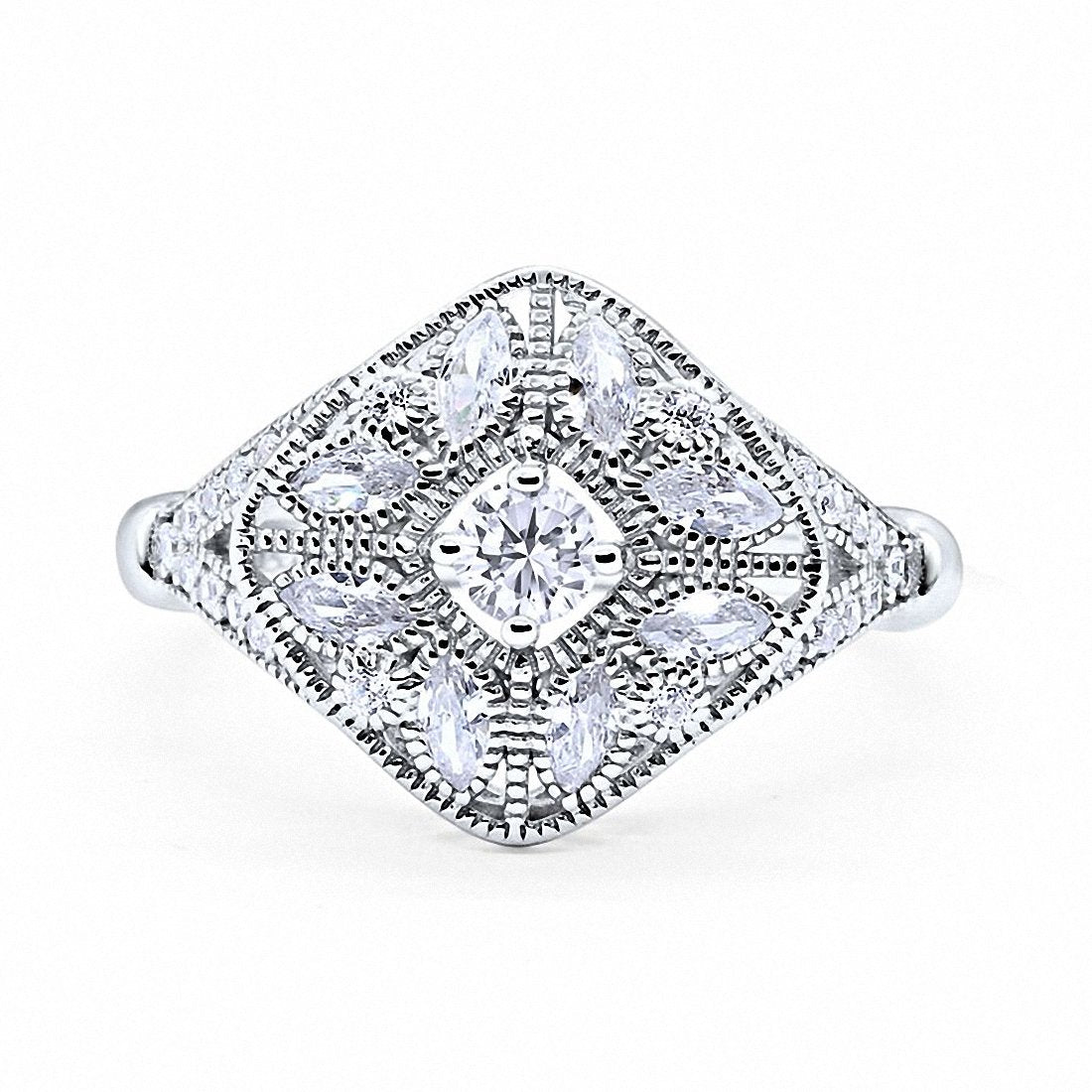 Art Deco Ring Marquise Filigree Round Simulated CZ