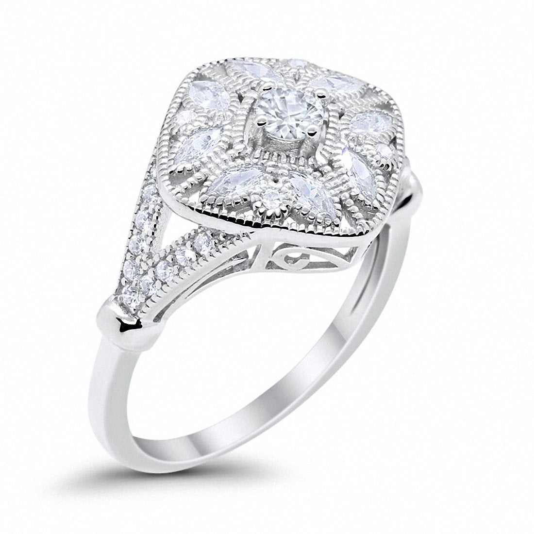 Art Deco Ring Marquise Filigree Round Simulated CZ