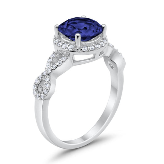 Halo Infinity Wedding Ring Round Simulated Blue Sapphire CZ