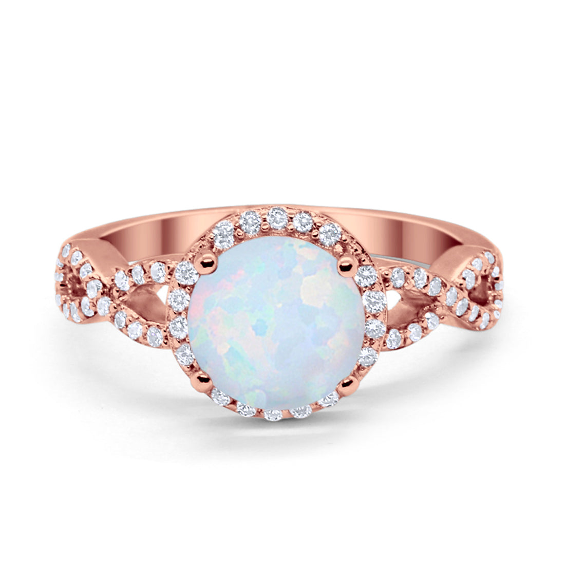 Halo Infinity Round Rose Tone, Lab Created White Opal Wedding Ring