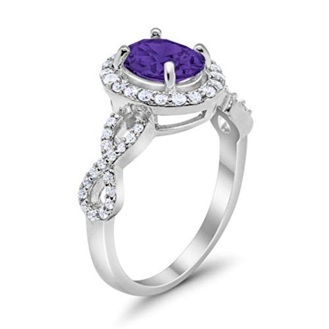 Art Deco Halo Wedding Ring Oval Simulated Amethyst CZ