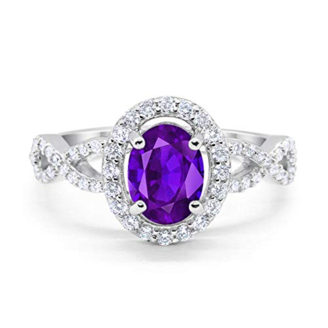 Art Deco Halo Wedding Ring Oval Simulated Amethyst CZ