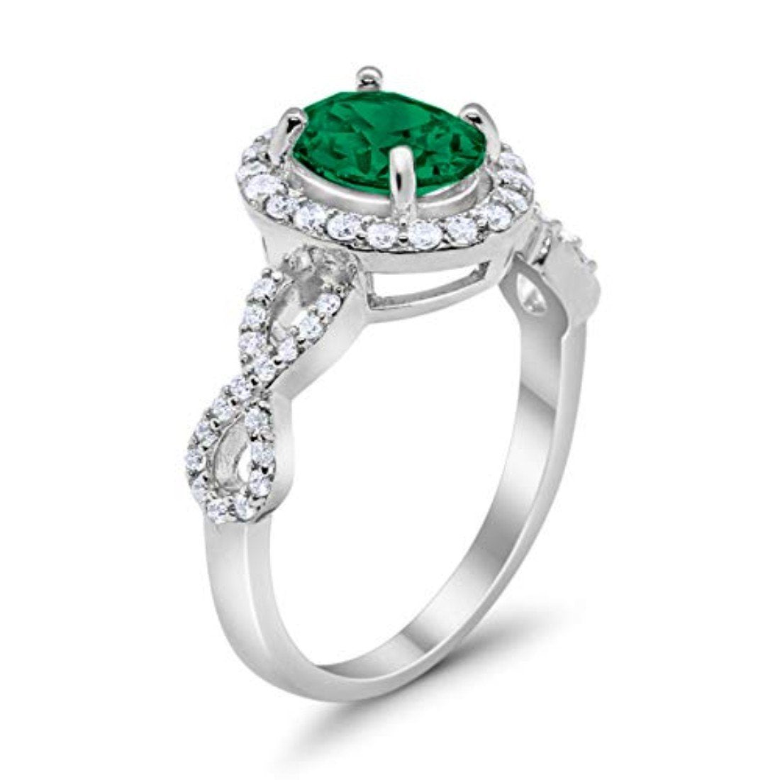 Art Deco Halo Oval Simulated Emerald CZ Wedding Ring