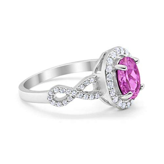 Art Deco Halo Wedding Ring Oval Simulated Pink CZ