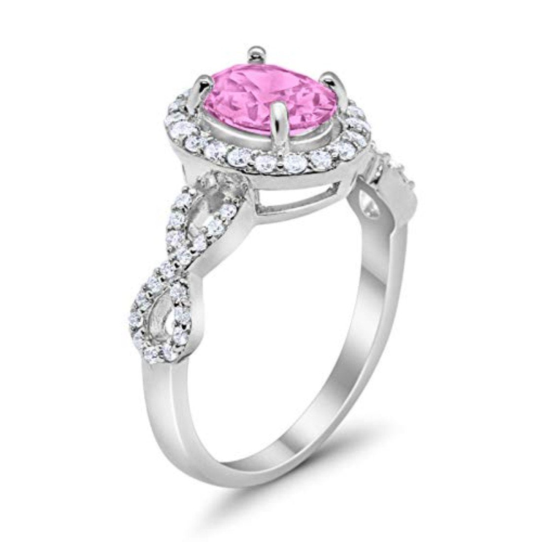 Art Deco Halo Wedding Ring Oval Simulated Pink CZ