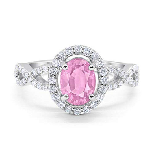 Art Deco Halo Wedding Ring Oval Simulated Pink CZ