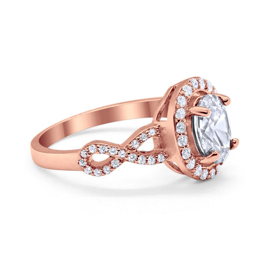 Art Deco Halo Wedding Ring Oval Rose Tone, Simulated Cubic Zirconia