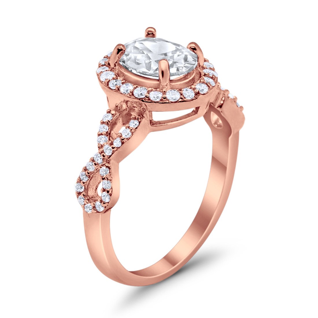 Art Deco Halo Wedding Ring Oval Rose Tone, Simulated Cubic Zirconia