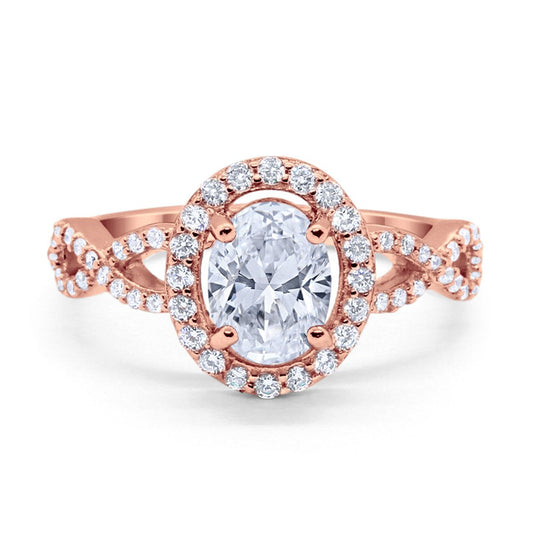 Art Deco Halo Wedding Ring Oval Rose Tone, Simulated Cubic Zirconia