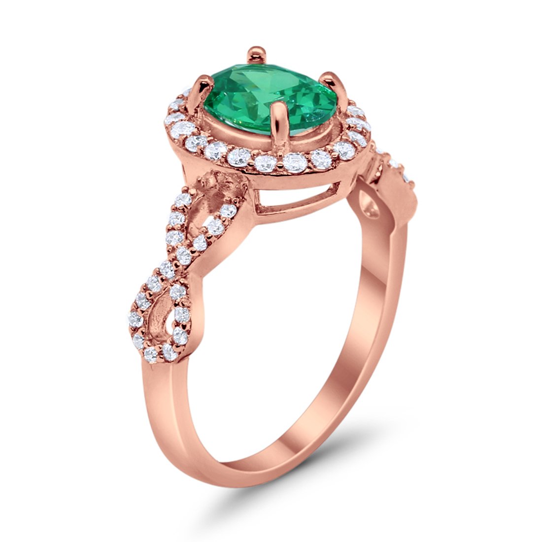 Infinity Oval Rose Tone, Simulated Green Emerald CZ Wedding Bridal Ring