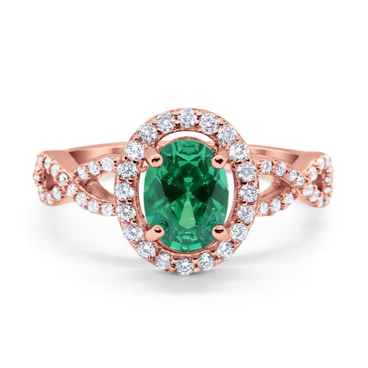 Infinity Oval Rose Tone, Simulated Green Emerald CZ Wedding Bridal Ring