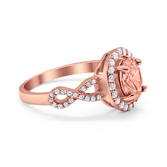 Art Deco Halo Wedding Ring Oval Rose Tone, Simulated Morganite CZ