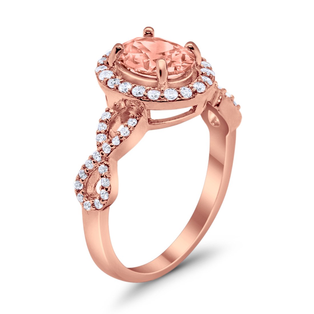 Art Deco Halo Wedding Ring Oval Rose Tone, Simulated Morganite CZ