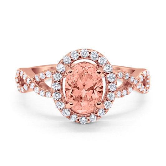 Art Deco Halo Wedding Ring Oval Rose Tone, Simulated Morganite CZ