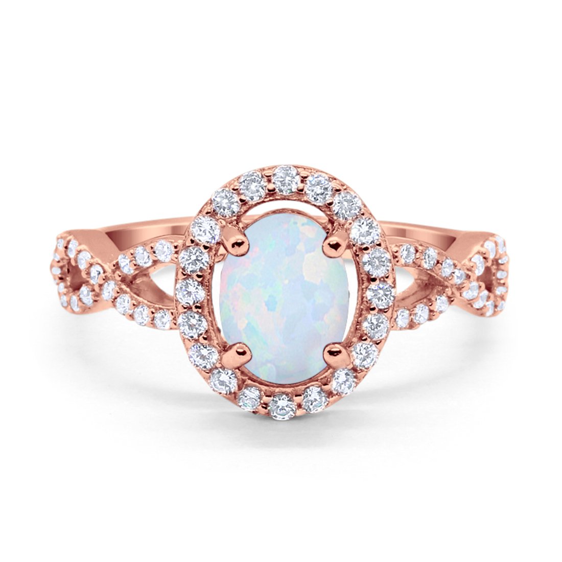 Art Deco Halo Wedding Ring Oval Rose Tone, Lab White Opal