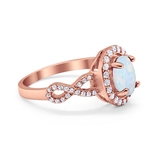 Art Deco Halo Wedding Ring Oval Rose Tone, Lab White Opal