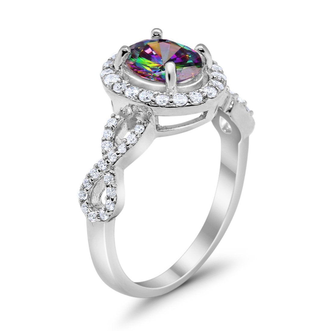 Infinity Wedding Bridal Ring Oval Simulated Rainbow CZ Solid