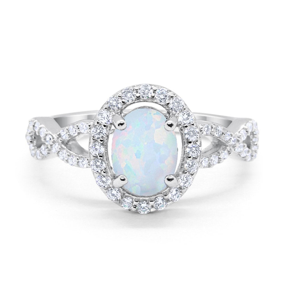 Art Deco Halo Oval Lab White Opal Wedding Ring