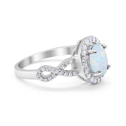 Art Deco Halo Oval Lab White Opal Wedding Ring