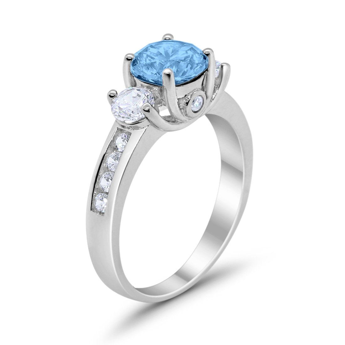 Three Stone Wedding Ring Simulated Aquamarine CZ