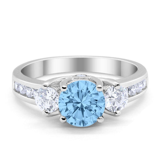 Three Stone Wedding Ring Simulated Aquamarine CZ