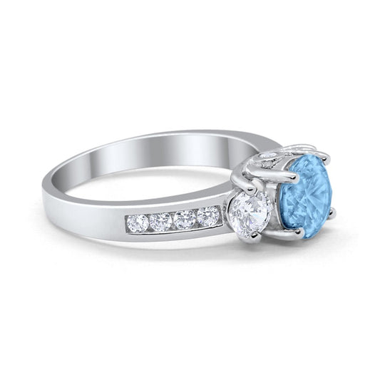 Three Stone Wedding Ring Simulated Aquamarine CZ